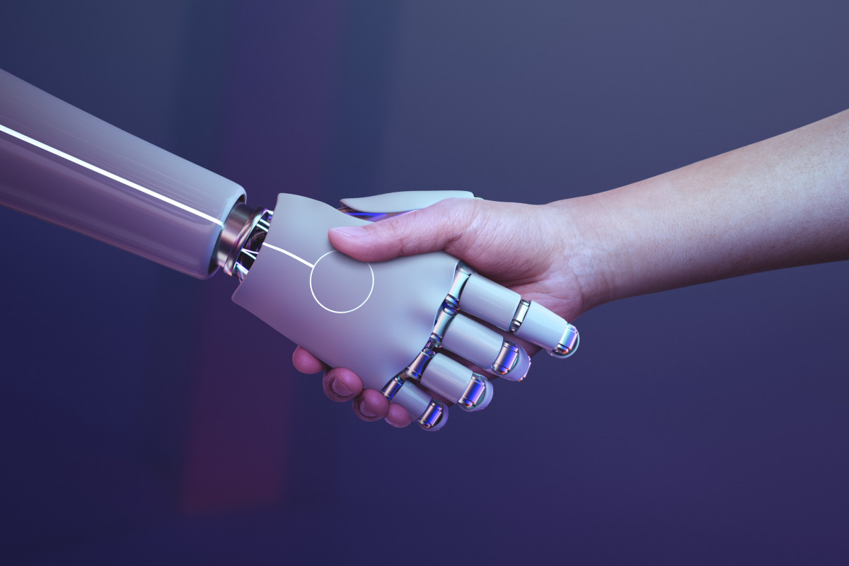 Fondo humano de apreton de manos de robot era digital futurista