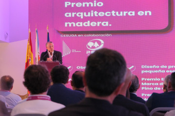 Venancio Salcines interviene durante la presentación de los premios Arquitectura en Madera Cesuga Pino de Galicia